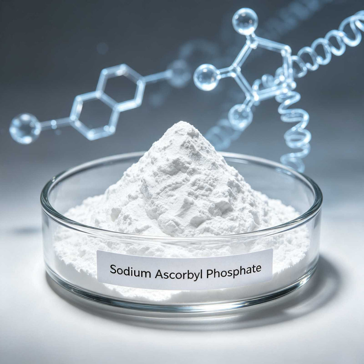 White Sodium Ascorbyl Phosphate SAP powder in a clear laboratory weighing dish